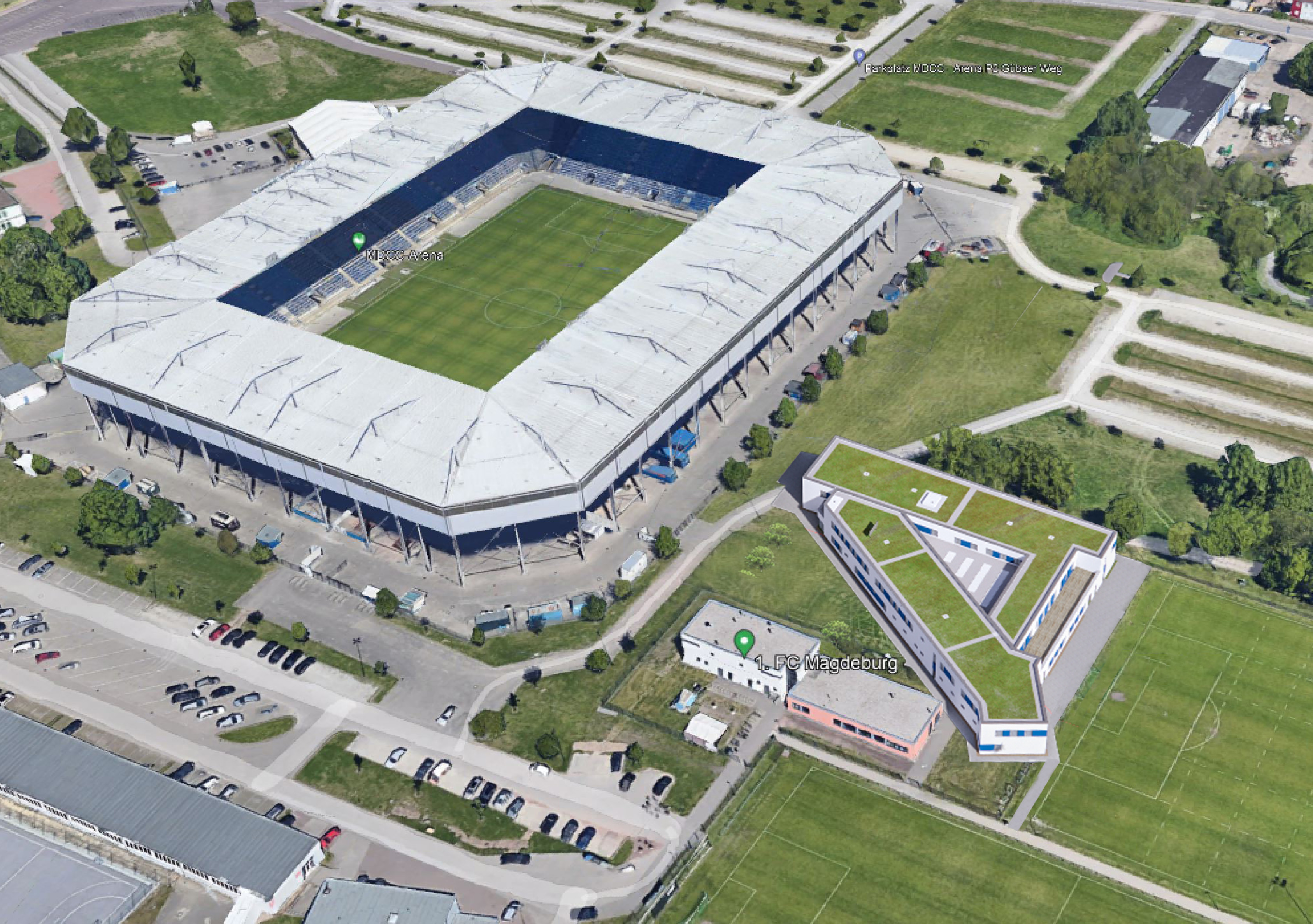 Grafik des Gebäudes zwischen Avnet Arena und Trainingsplätzen.