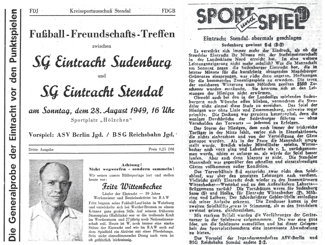 Programmheft-Titelseite (links) und Bericht (rechts) des Spiels aus dem Jahr 1949.