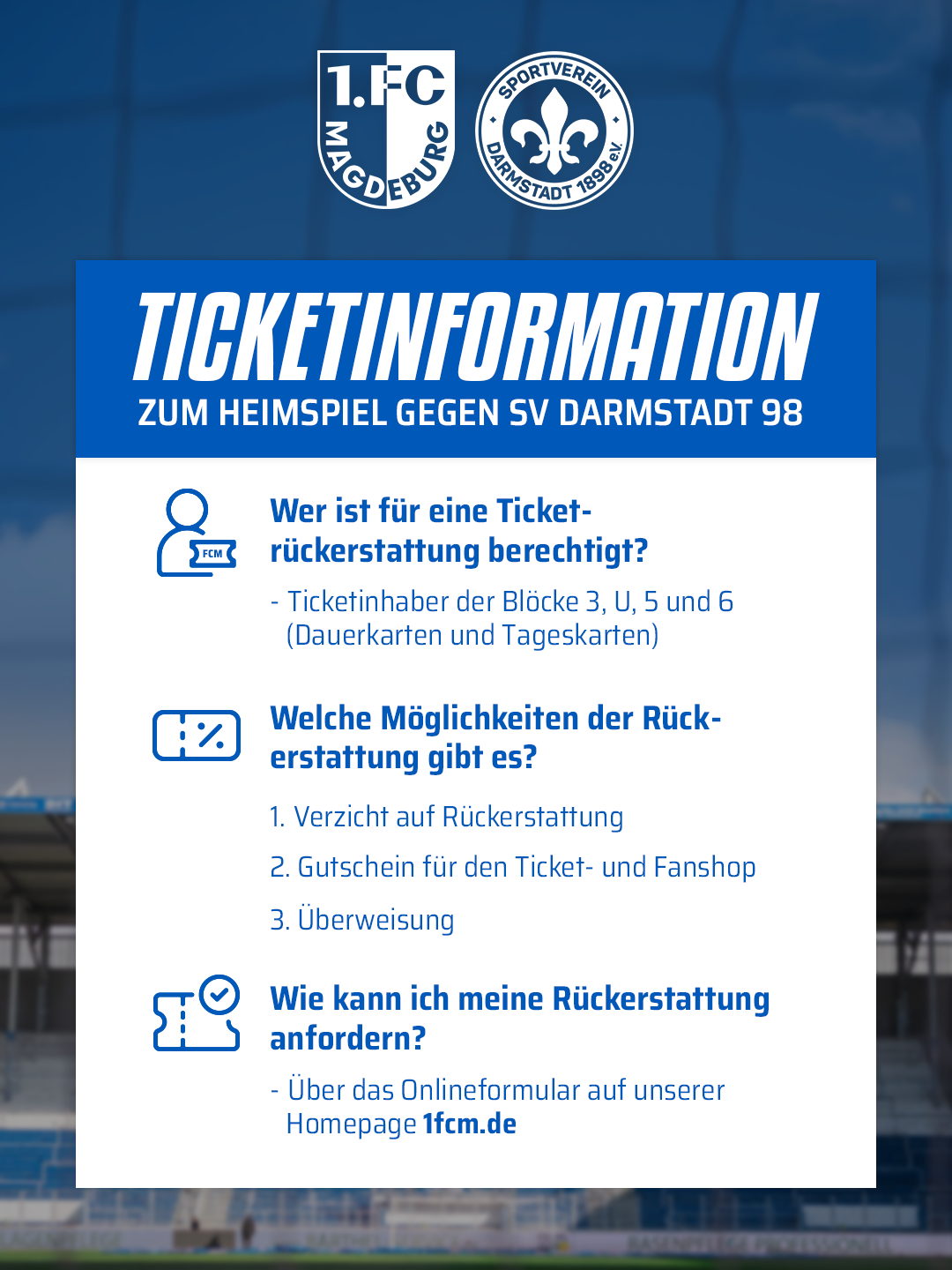 Alle Infos zur Rückerstattung der Tickets in den Blöcken 3, U, 5 und 6.